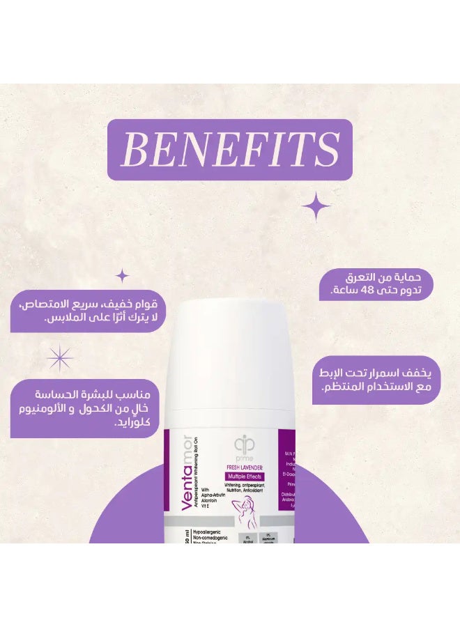 Ventamor Whitening Roll-On 50 ml Deodorant Fresh Lavender Scent – 48H Antiperspirant, Alcohol & Aluminum Free, Suitable for Sensitive Skin - Image 4